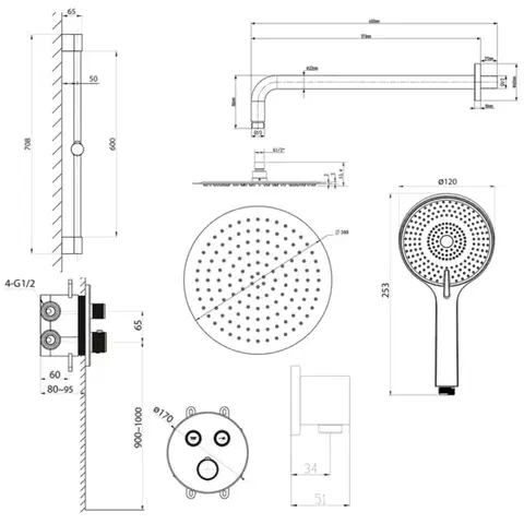 SAPHO SMART SELECT podomítkový sprchový set s termostatickou baterií, 2 výstupy, posuvný držák sprchy, černá mat RP032B-02