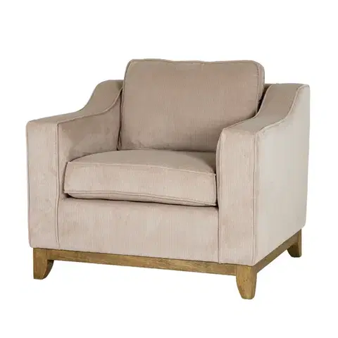 Estila Luxusní vintage křeslo Magnolia s krémově béžovým manšestrovým potahem a masivními hnědýma vyřezávanýma nohama 90 cm