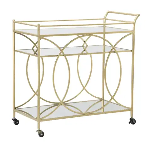 Estila Art deco kovový zrcadlový obdélníkový třípatrový servírovací vozík Nazar na kolečkách se zlatou konstrukcí 80 cm