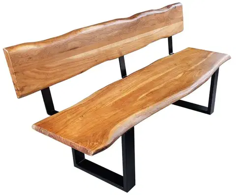 Estila Designová industriální lavice Bronx s opěrkou z masivního akáciového dřeva hnědé barvy s černým kovovým rámem 100 cm