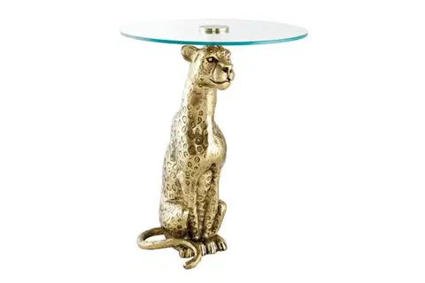 Estila Stylový art deco skleněný kulatý příruční stolek Tierra Glam s nohou v podobě pantera v antické zlaté barvě 60 cm