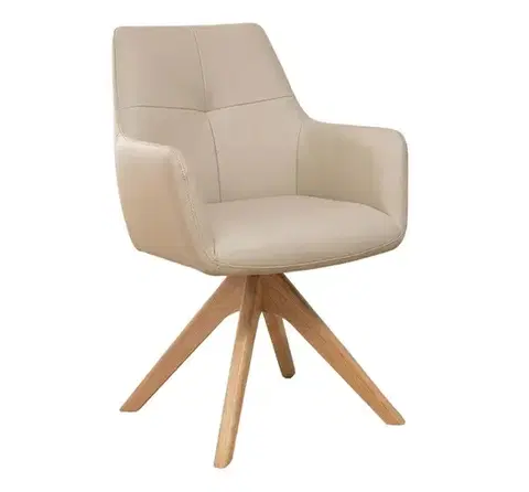 Estila Luxusní designová béžová otočná jídelní židle Elton s potahem z pravé kůže a masivním hnědým dubovým nohama 62 cm