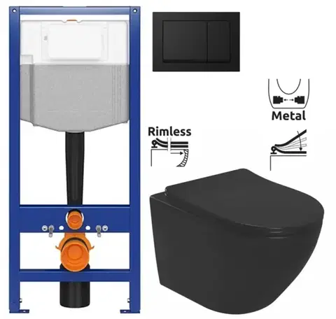 CERSANIT předstěnový instalační systém s černým tlačítkem K97-0574 + WC REA CARLO MINI RIMLESS ČERNÝ MAT + SEDÁTKO K97-526 0574 MM1