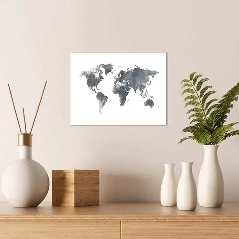 Wallity Obraz na MDF MAPA SVĚTA šedá 40 x 30 cm