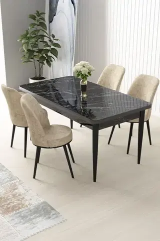 Dining Table & Chairs Set (5 Pieces) Nil - Black Marble, Cream