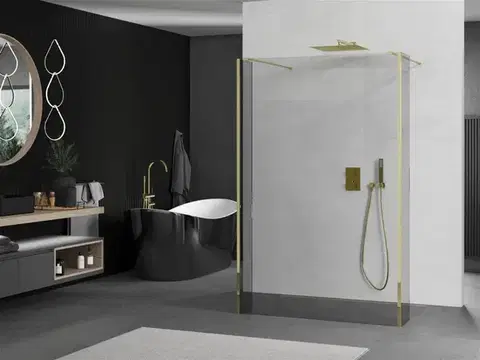 MEXEN/S Kioto Sprchová zástěna WALK-IN volněstojící 90 x 30 x 30, transparent, zlatá 800-090-030-222-50-00-030
