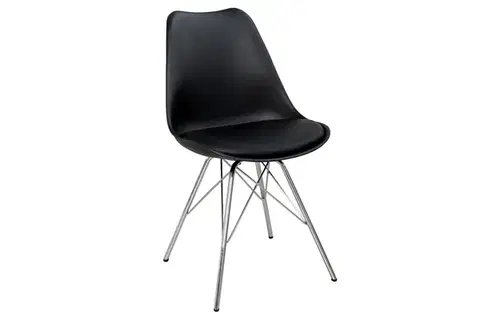 Estila Designová retro černá jídelní židle Scandinavia s koženým potahem a šikmým chromovým nohama 85 cm