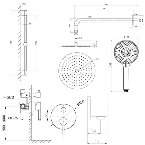 SAPHO ICONIC podomítkový sprchový set s pákovou baterií, 2 výstupy, posuvný držák sprchy, černá mat AF042B-02