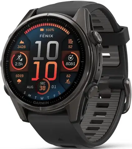 Garmin Fenix® 8 – 43 mm, AMOLED Sapphire, Carbon grey DLC titanium, Black / Pebble grey se silikonovým řemínkem 010-02903-21