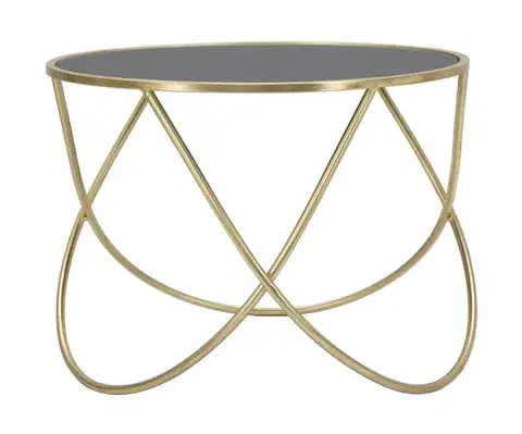 Estila Art deco kulatý zlatý kovový konferenční stolek Lenim s nohou s ohnutých tyčí a s vrchní skleněnou černou deskou 60 cm