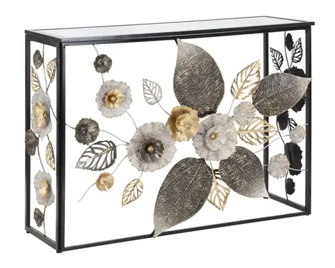 Estila Designový konzolový stolek Florel s černou kovovou konstrukcí s květinovým motivem a zrcadlovou skleněnou deskou 112 cm