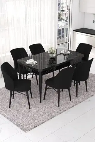 Extendable Dining Table & Chairs Set (7 Pieces) Nef - Black Marble, Black
