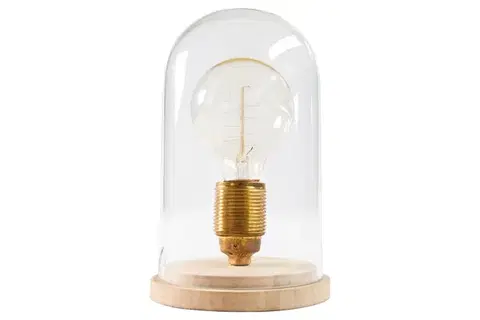 Estila Designová retro stolní lampa Edison s hnědou dřevěnou podstavou a průhledným skleněným stínítkem 22 cm