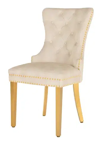 Estila Glamour čalouněná prošívaná béžová jídelní židle Modern Barock se zlatými kovovými nožičkami a klepátkem 98 cm