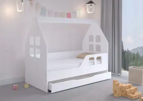 Okouzlující dětská postel su šuplíkem 140 x 70 cm bílé barvy ve tvaru domečku