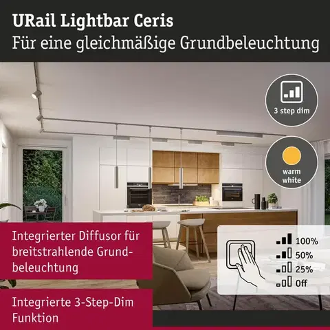 PAULMANN URail Lightbar 3-krokové-stmívatelné Ceris 9,5W 3000K stmívatelné 230V matný chrom
