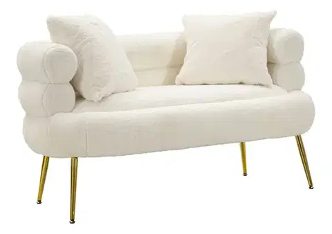 Estila Glamour čalouněná sedačka Taglia s bílým kožešinovým potahem a designovou opěrkou se zlatými nožičkami 133 cm