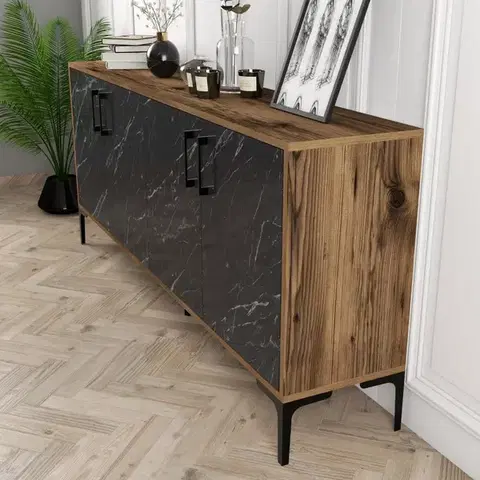 Konzolový stolek Kiev - Walnut, Black Marble