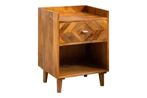 Estila Designový masivní retro noční stolek Frida z mangového dřeva hnědé barvy se šuplíkem s mozaikou a policí 55 cm