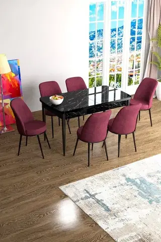 Extendable Dining Table & Chairs Set (7 Pieces) Han - Black Marble, Burgundy
