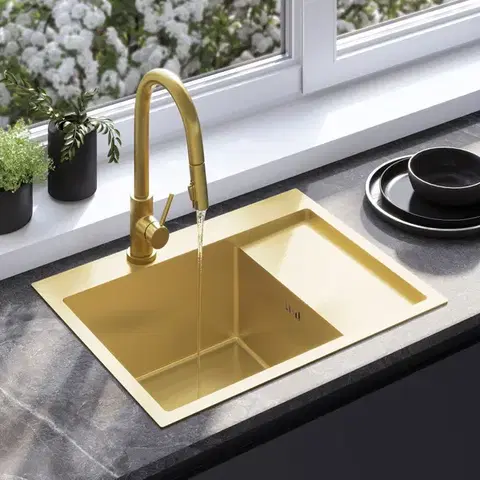 REA Ocelový dřez Fin BRUSH GOLD s kuchyňskou baterií KPL-96013