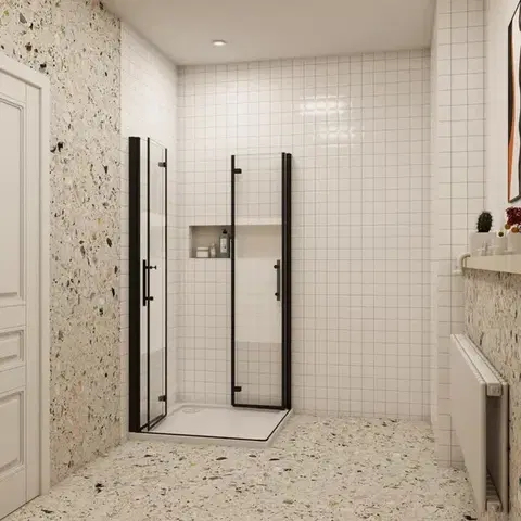 H K Sprchový kout MELODY BLACK LINE R128, 120x80 se zalamovacími dveřmi včetně sprchové vaničky z litého mramoru MBLINER128/THOR-12080