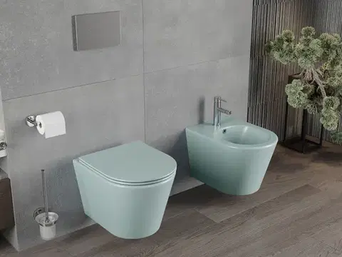 MEXEN Rico Závěsná WC mísa Rimless včetně sedátka s slow, Duroplast, světle zelená mat 30724048