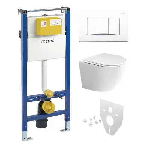 Mereo WC set Rimless WC oblé, modul pro sádrokarton, bílé hranaté tlačítko MM02NSETRS220