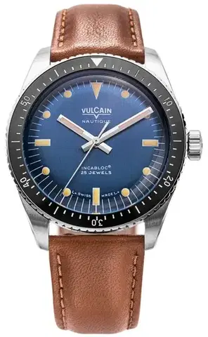 Vulcain Skindiver Nautique Blue with Khaki Brown Lum - Brown Alligator