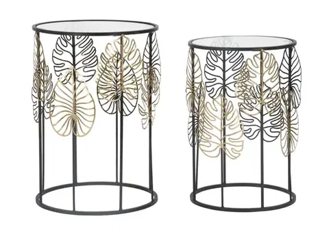 Estila Designová glamour sada kulatých příručních stolků Ornella se skleněnou deskou a černým rámem se zlatými listy 55 cm