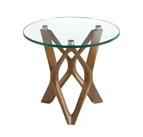 Estila Luxusní moderní kulatý příruční stolek Forma Moderna s designovou podstavou z ořechově hnědého dřeva a skleněnou deskou 50 cm