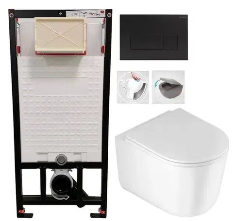 DEANTE Podomítkový rám, pro závěsné WC mísy + SLIM tlačítko černé + WC DEANTE Jasmin se sedátkem RIMLESS /VÍROVÉ SPLACH/ CST_WC01 N51P JA1