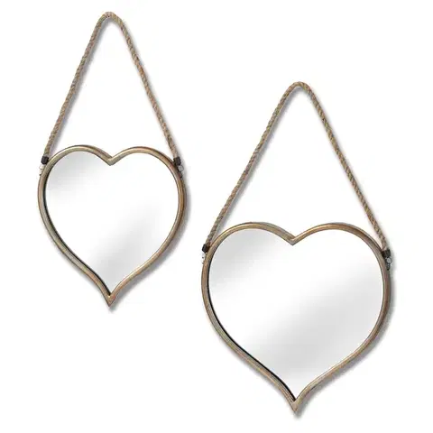 Estila Stylový vintage set dvou zrcadel Heart ve tvaru srdce s kovovou zlatou konstrukcí a závěsným béžovým lanem 43 cm