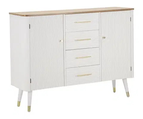 Estila Art deco bílý příborník Samira se dvěma dvířky a čtyřmi zásuvkami s žebrovaným povrchem a hnědou deskou 117 cm