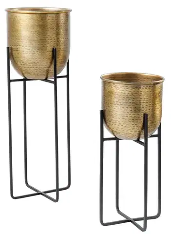 Estila Designová orientální sada kulatých kovových květináčů Daris ve zlaté barvě s černým kovovým stojanem 67 cm