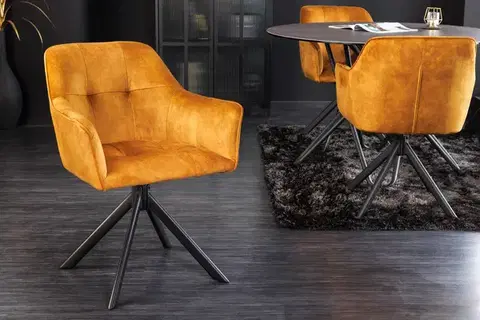 Estila Industriální moderní otočná kancelářská židle Devon se sametovým okrovým čalouněním a černýma nohama z kovu 83cm