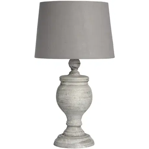Estila Vintage provensálská stolní lampa Uthina s šedou vyřezávanou podstavou s patinou a kulatým textilním stínítkem 53 cm