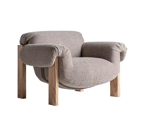 Estila Luxusní moderní čalouněné křeslo Harlow s šedým textilním potahem a hnědým masivním rámem 112 cm