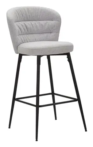 Estila Moderní barová židle Magnus se světle šedým čalouněním z látky s ergonomickým opěradlem na černých kovových nohách 108 cm