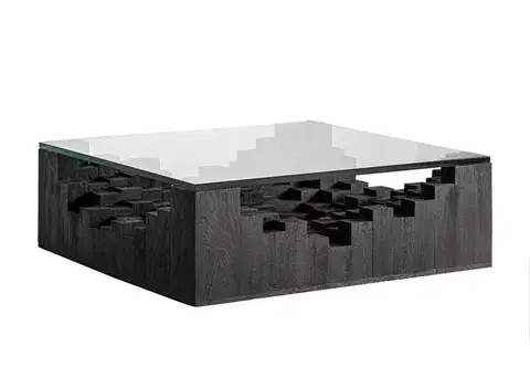 Estila Luxusní art deco čtvercový konferenční stolek Cubia Nera z masivního mangového černého dřeva se skleněnou deskou 118 cm