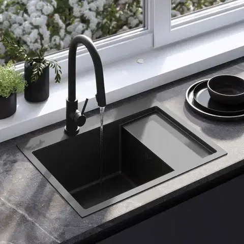 REA Ocelový dřez Fin Black s kuchyňskou baterií KPL-96014