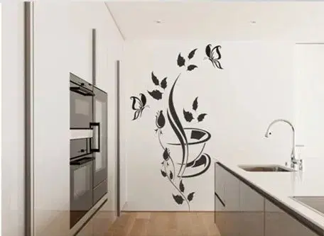 Nálepka na zeď do kuchyně s motivem květin, motýla a šálky 50 x 100 cm