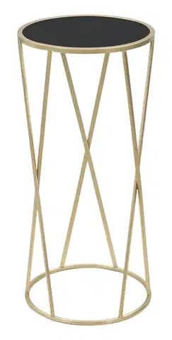 Estila Art deco zlatý kovový kulatý příruční stolek Lery s nohou s tyčemi do X s vrchní skleněnou černou deskou 75 cm