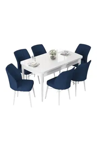 Extendable Dining Table & Chairs Set (7 Pieces) Nef - White, Navy Blue