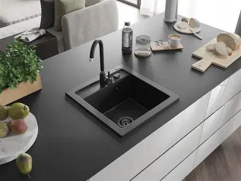 MEXEN/S Vito Vito granitový dřez 1-miska 520x490 mm, černý/stříbro metalik + černý sifon 6503521000-73-B