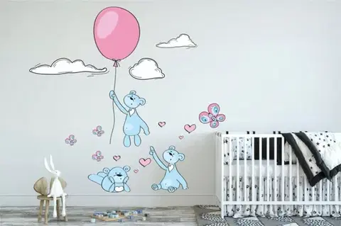 Hravá modře růžová nálepka na zeď zamilované myšky 60 x 120 cm