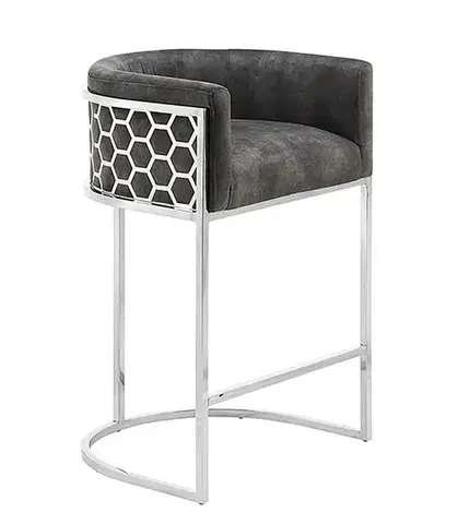Estila Art deco barová židle Arienda s šedým sametovým potahem a chromovou kovovou konstrukcí 88 cm