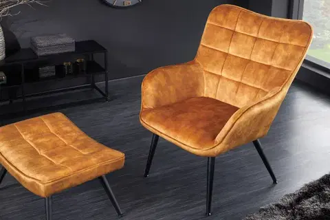 Estila Designové křeslo ušák Scandinavia s hořčicovým žlutým sametovým potahem s ozdobným prošíváním 98 cm