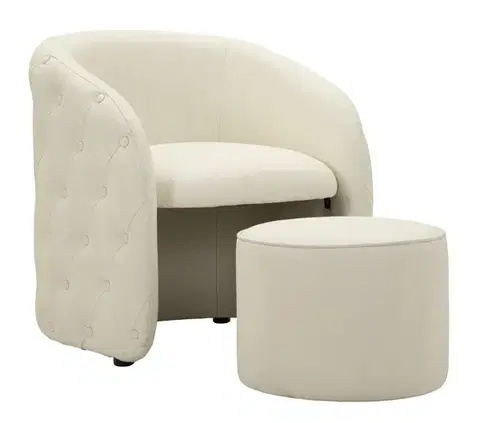 Estila Designové art deco bílé křeslo s taburetkou Zilla s potahem z ekokůže s chesterfield prošíváním 76 cm