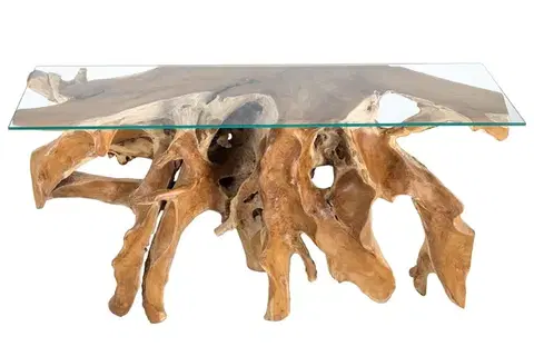 Estila Luxusní masivní konzolový stolek Root s organickou nohou z hnědého teakového dřeva a skleněnou deskou 150 cm